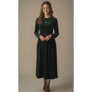 VTG 90s LL Bean Velvet Corduroy Maxi Dress 1990s Dark Green Holly Berries 6P